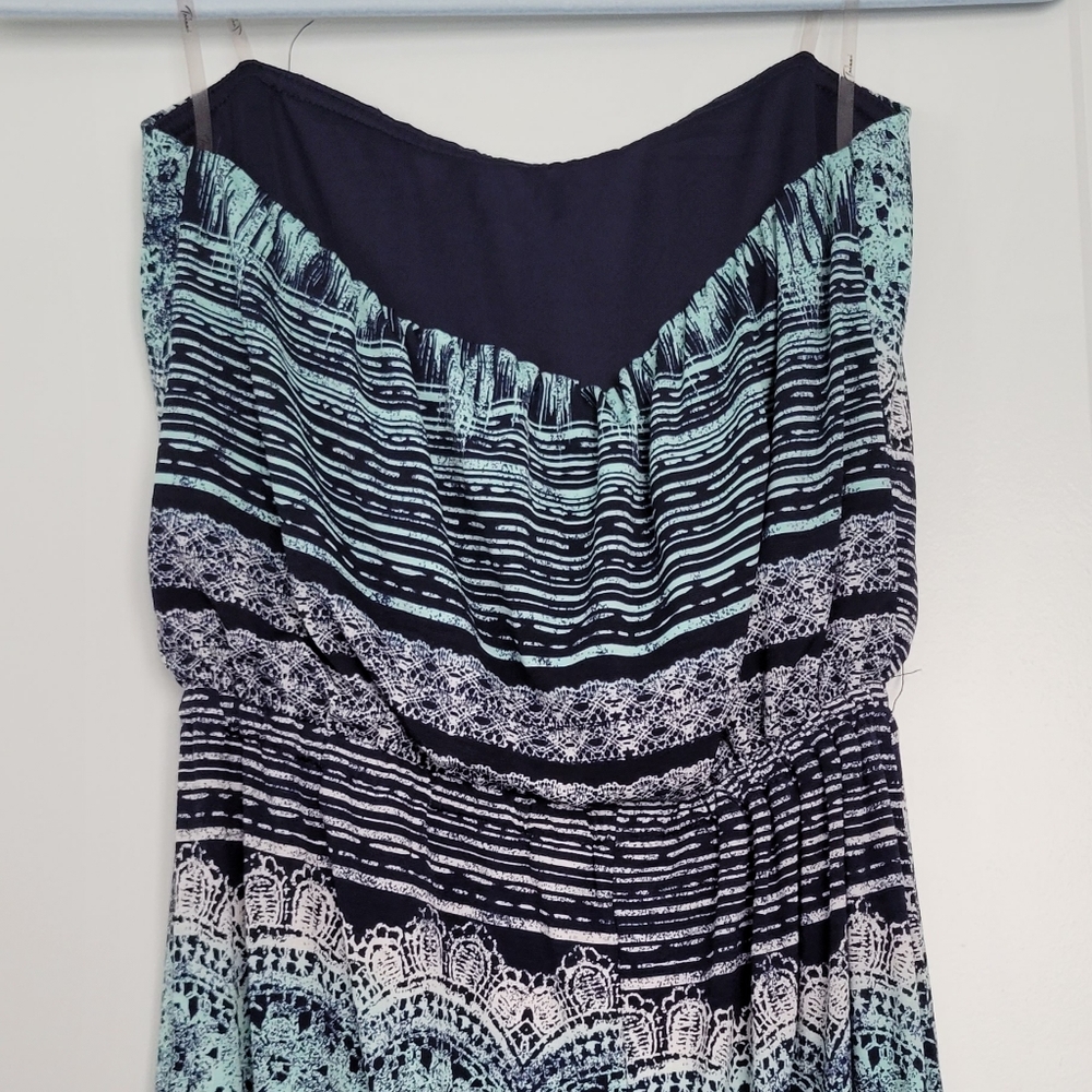 Strapless Blue Patterned Maxi Dress